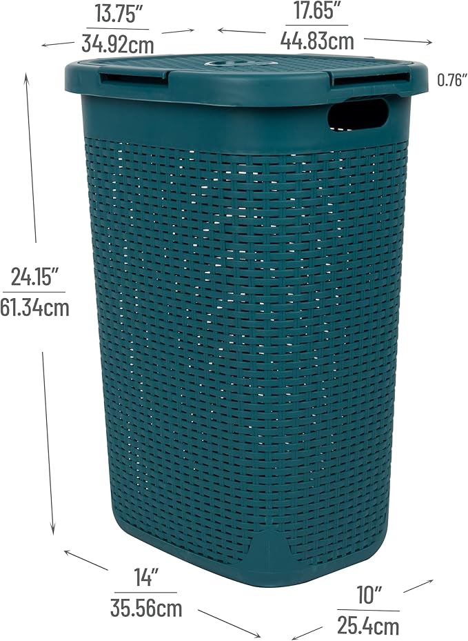 Mind Reader Slim Laundry Hamper with Lid, 60L Clothes Basket, Premium Wicker Design, Plastic, Blue