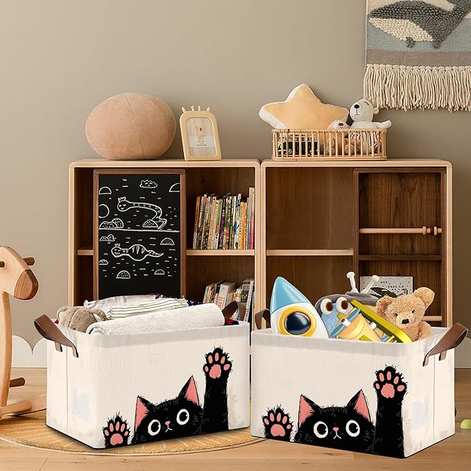 Funny Black Cat Storage Baskets,Foldable Organizer Bin with Handles for Home Living Room Bedroom Closet Box 17x11.5x10Inch