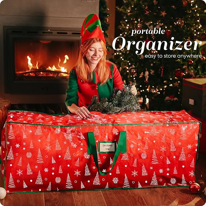 Christmas Tree Storage Bag - Stores 9 Foot Artificial Xmas Holiday Tree, Durable Waterproof Material, Zippered Bag, Carry Handles - Protects Against Dust, Insects and Moisture (Red Printed)