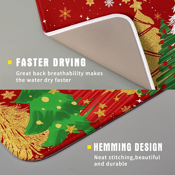 Christmas Dish Drying Mat 16 x 18 Inches Winter Red and Green Absorbent Reversible Microfiber Mats for Tree and Snowflake Pattern Dish Rack Pad Drainer Mat for Coffee Bar Decor