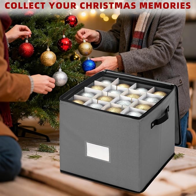 JY COOKMENT Christmas Ornament Storage Box with Adjustable Dividers, Premium Holiday Ornaments Storage Container Bin with Zippered Top for Xmas Decorations (64-3" Balls, Gray, With Tray)