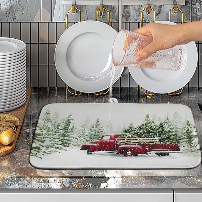 Wnoesat Christmas Dish Drying Mat Red Truck Xmas Tree Drying Mats for Kitchen Counter Winter Holiday Dishes Drainer Mats Absorbent Microfiber Dish Draining Pad Extra 16x18 Inch