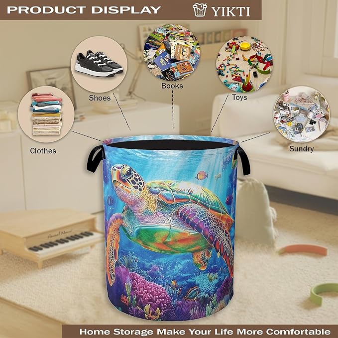 Collapsible Laundry Basket,Sea Turtle Dirty Clothes Hamper,Ocean Fish Coral Hampers for Bedroom Waterproof Oxford Cloth Storage Organizer for Bathroom,Nursery,Dorm,16x20 Inch