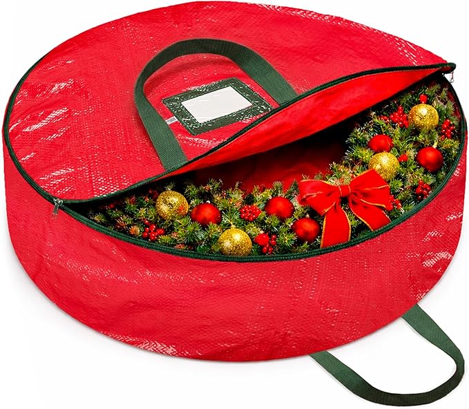 ZOBER Christmas Wreath Storage Container 36 Inch - Wreath Bag for Artificial Wreaths Box - Dual Zippered Wreaths Storage Bag with Strong Durable Handles - Red