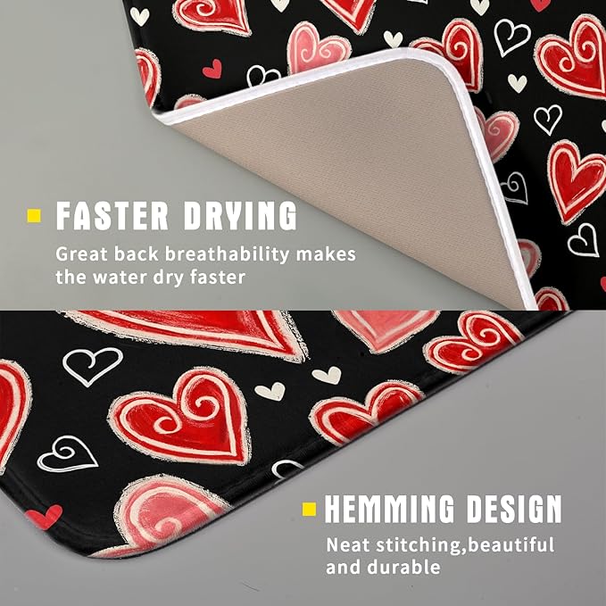 Valentines Day Dish Drying Mat for Kitchen Counter 18x16 Inch Black Red Heart Drying Mat with Absorbent Reversible Microfiber Love Dish Drainer Mats Rack Pad for Coffee Countertop Protector