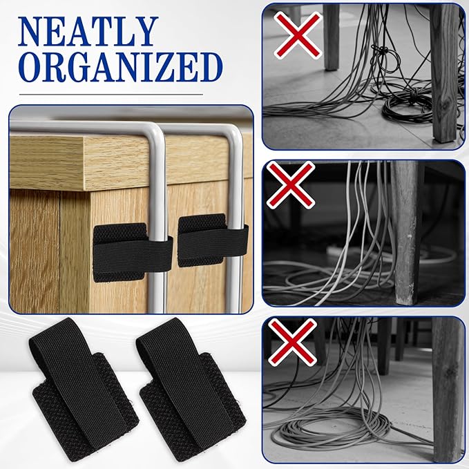 Rierdge Cable Management Kit - 40 Heavy-Duty Self-Adhesive Hook & Loop Ties with 2 Extra-Long Extension Straps for Desk, Home Office & Workshop (Black)