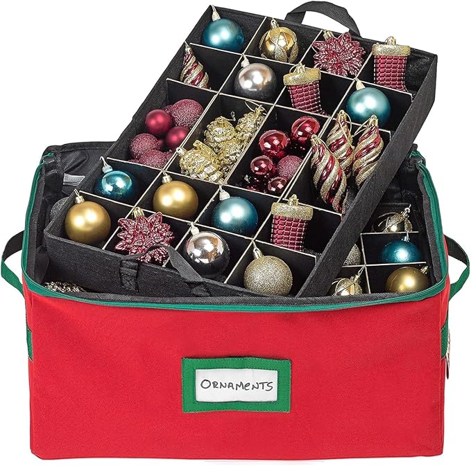 HOLDN’ STORAGE Christmas Ornament Storage Box with Dividers - Fits 96-3” Ornaments, 4 Removable Trays, Durable & Space-Saving, Clear Top Lid, Convenient Storage Designed, Red
