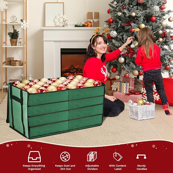 Christmas Ornament Storage Box, Ornament Organizer with 8 Removable Trays and Adjustable Dividers Holds 128 Pcs Decoration Balls, Dual Zipper for Christmas Ornament Storage (Green)