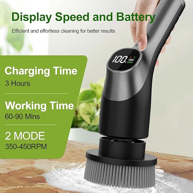 Electric Spin Scrubber, Shower Scrubber with Long Handle Adjustable LCD Display, 2 Speed Shower Cleaner, 7 Replaceable Brush Heads Bathroom Cleaning Brush, Bath Tub Power Scrubbers Black G3