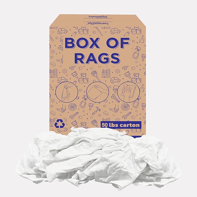 Recycled White T-Shirt Cleaning Rags (50.0 lbs. Box) – Shop Rags Bulk for Oil, Stain, Grease, Paint, and Auto Cleaning, Multipurpose