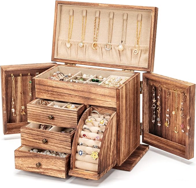 Jewelry Box Organizer, Solid Wood Jewelry Boxes for Women for Storage & Display Necklace Ring Earring Bracelet, Rustic Style Jewelry Organizer Box for Women Gifts (Carbonized Brown)