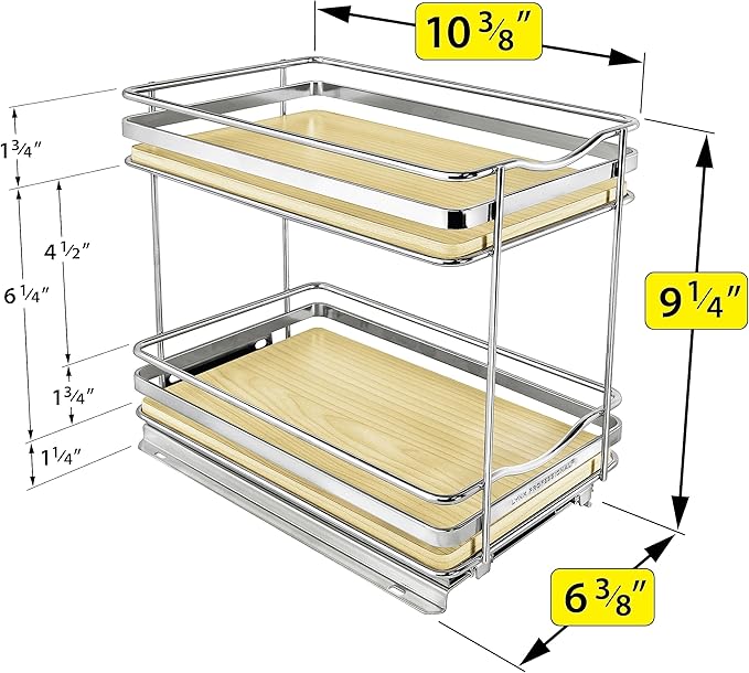 LYNK PROFESSIONAL® Élite™ Pull Out Spice Rack Organizer for Inside Kitchen Cabinets - 6-3/8 inch Wide - Slide Out Drawer – Wood/Chrome Sliding Spice Cabinet Organization Shelf Racks - 2 Tier