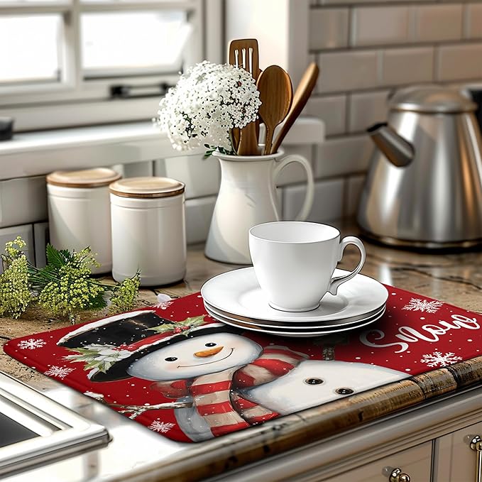 Wnoesat Snowman Christmas Dish Drying Mat Winter Drying Mats for Kitchen Counter Xmas Holiday Red Dish Draining Mat Microfiber Absorbent Reusable Dish Rack Pad 18x24 Inch