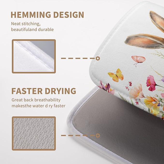 Spring Easter Dish Drying Mat for Kitchen Counter Easter Bunny Rabbit Eggs Flowers Dishes Drainer Mats 18x24 Microfiber Absorbent Large Dish Drying Pad for Kitchen Countertop Tableware Decor