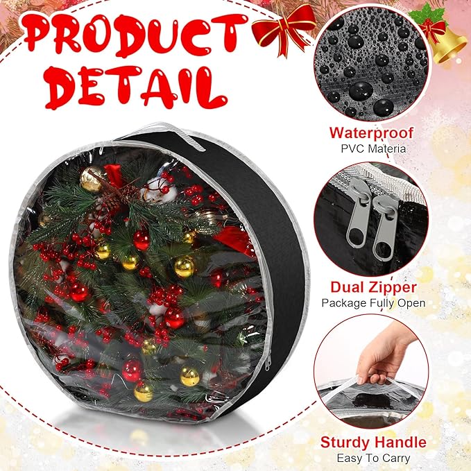 Aliceset 4 Pack Wreath Storage Containers, Christmas Ornament Garland Wreath Storage Bags with Handle Dual Zipper Large Decorative Storages Box for Winter Wreaths(24 x 24 x 7.8 Inch,Black)