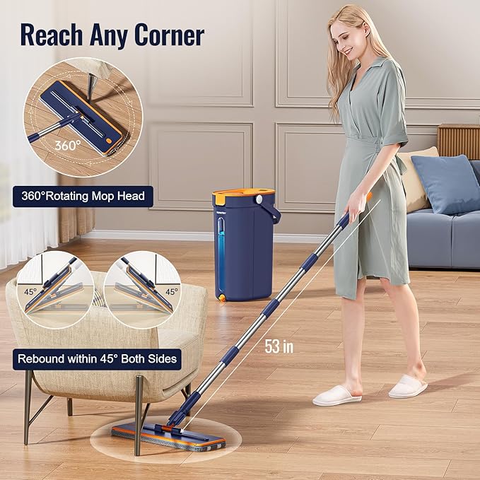 HoMettler Mop and Bucket Set with Wringer, 3-Tank Flat Mop and Bucket System, Wall Mop Cleaner with Long Handle, Hands Free Mops for Floor Cleaning with 4 Microfiber Pads