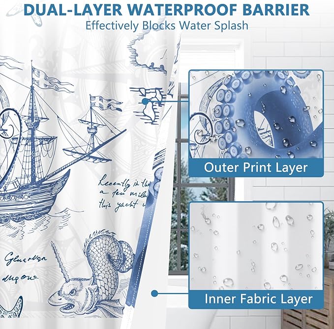 No Hook Shower Curtain and Liner Set, Nautical Navy Blue Shower Curtain with Translucent Window, Double-Layer Waterproof Bathroom Shower Fabric Curtains, Retro Coastal Octopus Pattern, 71x74 Inches