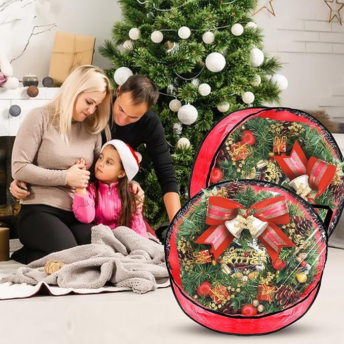 6 Pack Wreath Storage Container Bag 30 Inch Christmas Wreath Storage Bag Heavy Duty Christmas Wreath Boxes with Clear Window for Xmas Holiday Seasonal Wreath Garland(Red)