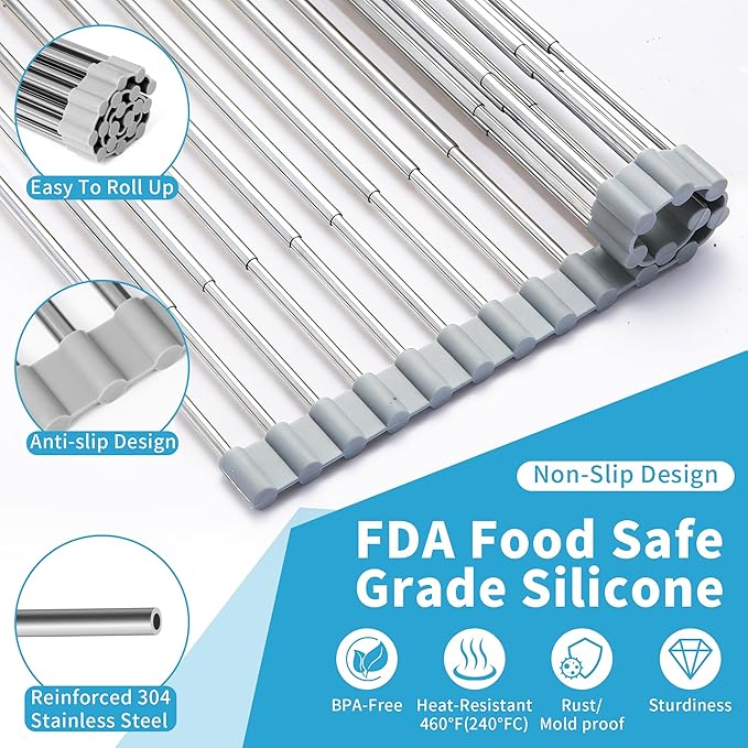 HAYAWEY Expandable Roll-UP Dish Drying Rack-Large 304 Stainless Steel Dish Drainer Over The Sink for Kitchen Countertop,Extendable & Rollable & Food Grade (Silver,22.08'x 13.2')