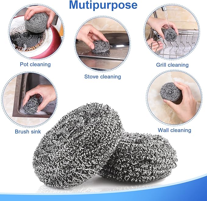 ovwo 12Pack Upgraded Steel Wool Scrubbers - Premium Stainless Steel Scrubber, Metal Scouring Pads, Steel Wool Pads, Kitchen Cleaner, Heavy Duty Cleaning Supplies - Especially for Tough Cleaning