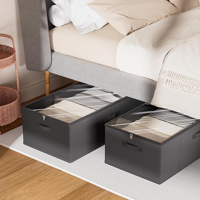 Chizjox 10inch 3 Pack Under Bed Storage Containers, 10 Inch Tall Underbed Clothes Storage Organizer Bin with Clear Window，Foldable Box Basket for Clothes, Closet, Bed Sheets and Blankets Black