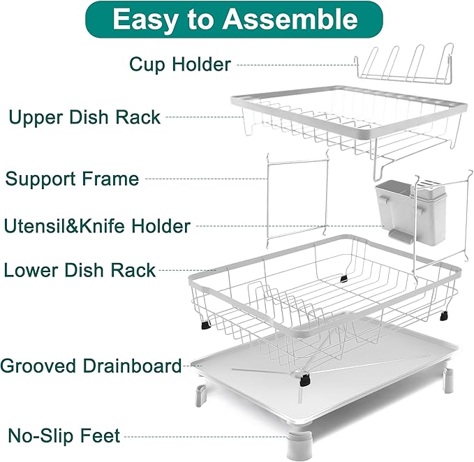 Goderewild 2-Tier Dish Drying Rack for Kitchen Counter,Space-Saving Dish Rack with Drainboard,Rustproof Countertop Dish Drainer with Utensil Holder for Sink,White