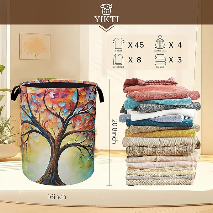 Tree of Life Laundry Basket,Colorful Leaves Clothes Hamper,Oxford Cloth Collapsible Nursery Hamper Storage Organization for Bedroom,Bathroom,Office,College Dorms,16x20 Inch