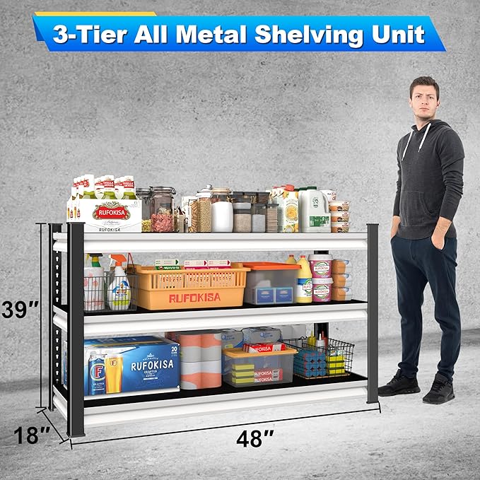 Rufokisa 3-Tier Garage Shelving Heavy Duty,48" W Metal Shelving Unit for Garage,1600lbs Load Capacity Utility Rack Shelves & Shelves,48" W x 18" D x 39" H(White)