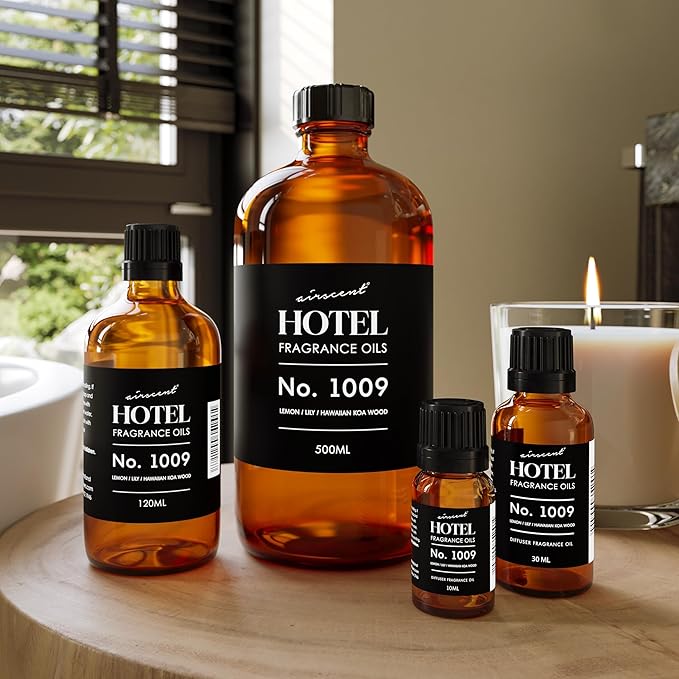 AirScent Hotel Diffuser Oil No. 1009 - Lemon Lily Hawaiian Koa Wood - Hotel Scent Dupe - Premium Fragrance Oil for Ultrasonic and Waterless Diffusers and Crafting - 10 mL, .34 ﬂ oz Glass Bottle