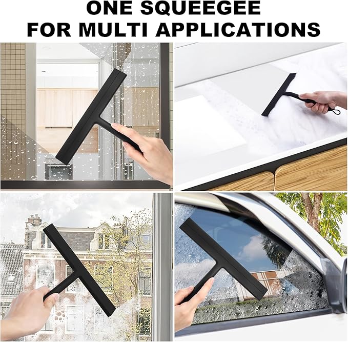 wlich Shower Squeegee for Glass Doors, 8.5" Slicone Squeegee for Shower Glass Door, Black Shower Squeegee for Shower Doors Windows Mirrors Cars Cleaning, Shower Door Squeegee with 2 Hooks