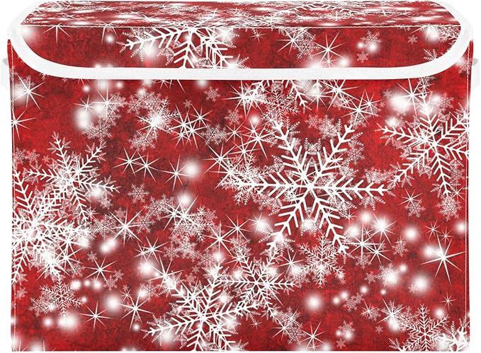 Christmas Baskets Collapsible Storage Bins with Lids, Christmas Background with Snowflakes Red Storage Boxes Clothes Baskets for Organizing