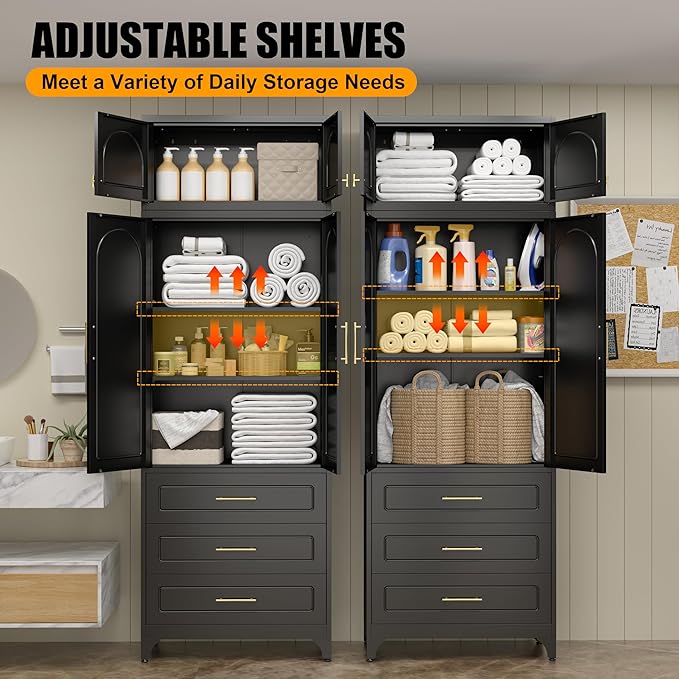 Metal Storage Cabinet with Doors and Shelves, 90" Tall Kitchen Pantry Storage Cabinets with 3 Drawer, Black Pantry Closet, Steel Large Cupboard, High Leveling Feet- Assembly Required