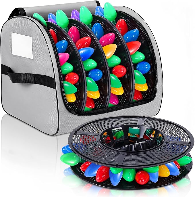 Christmas Light Storage Bag - Tear Proof 600D Oxford Fabric/Internal PVC Material with Reinforced Handles - With 4 Reels Stores up to 500 Ft Holiday Mini Christmas Tree Lights & Extension Cords,Gray