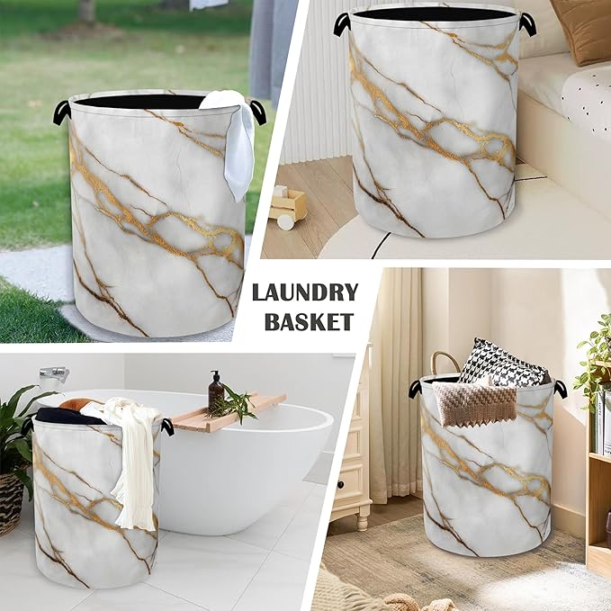 White Gold Marble Laundry Basket,Oxford Cloth Laundry Hamper with Handle Foldable Portable Clothes Storage Basket for Bathroom Bedroom Dorm Room 16" x 20.8"
