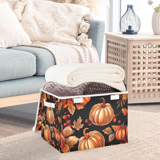 Thanksgiving Baskets Collapsible Storage Bins with Lids, Autumn Pattern Pumpkins Storage Boxes Clothes Baskets for Organizing