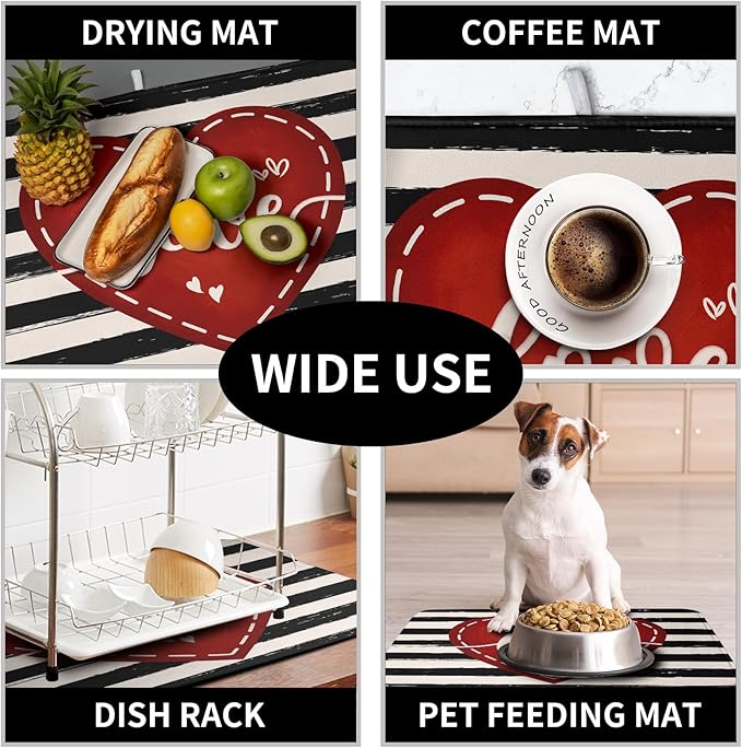 Kwlegh Valentine's Day Dish Drying Mat for Kitchen Counter 18x24 Black White Stripes Red Love Heart Dishes Drainer Mats Absorbent Dish Pad Large Dish Draining Mat for Coffee Bar