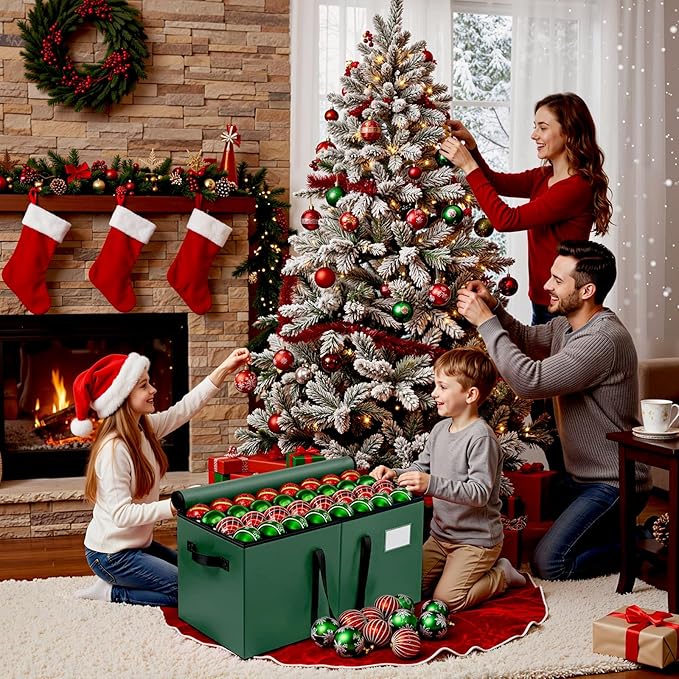 Christmas Ornament Storage Box - Large & Sturdy Christmas Storage Container with Adjustable Dividers, 8 Individual Trays and Handles, Holds up to 128 Holiday Decorations (Green)