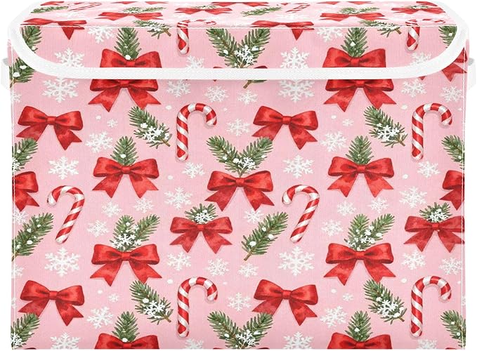 Christmas Bow Candy Snowflake Storage Bins with Lids Foldable Storage Basket with Handles Collapsible Large Fabric Organizer Containers for Clothes Shelves Closet Office Home