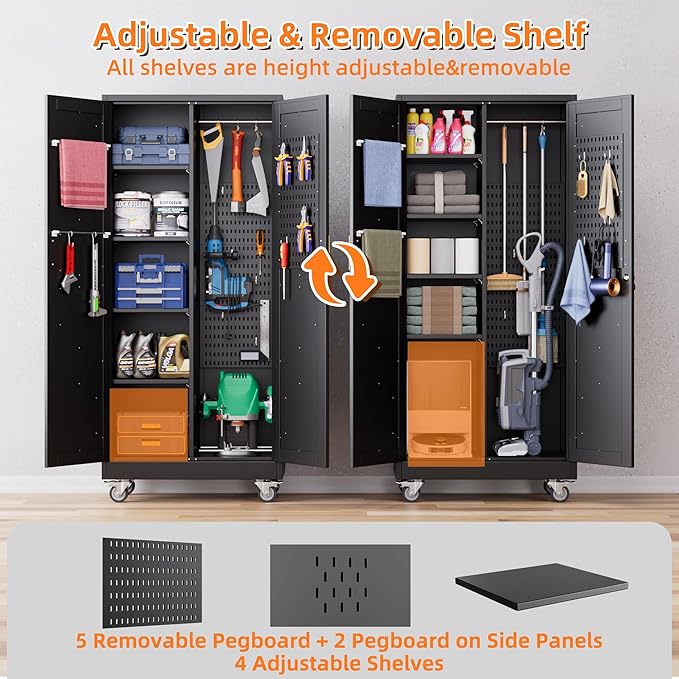 Aobabo Broom Closet Storage Cabinet with 4 Shelves, Garage Storage Cabinet with Wheels for Garage Home, Black, Assembly Required