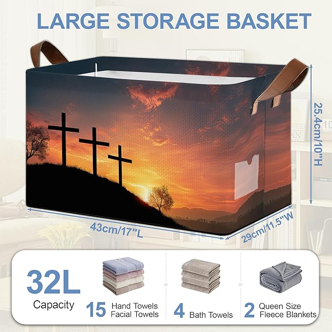 Cross Sunset Storage Basket,Collapsible Storage Bin Cubes for Living Room Bedroom Blankets Home Storage 17x11.5x10Inch