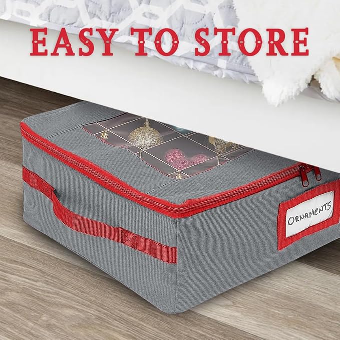 HOLDN’ STORAGE Christmas Ornament Storage Box with Dividers - Fits 48-3” Ornaments, 2 Removable Trays, Durable & Space-Saving, Clear Top Lid, Fits Underbed, Grey