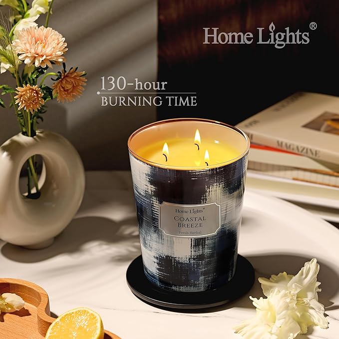 HomeLights Scented Candles | Large Jar 34 Oz Natural Soy Candle | 130 hrs Long-Lasting with 3 Wicks | Scandinavian Minimalist Home Decor | Gifts for Mom & Women, Coastal Breeze