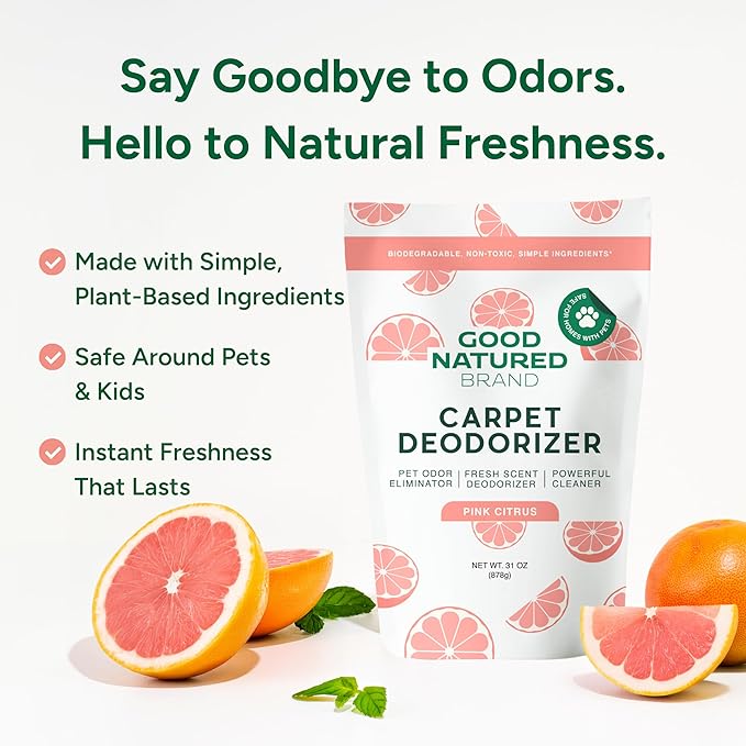 Good Natured Brand | Carpet Deodorizer & Freshener Powder | 31 oz Pet Odor Eliminator for Strong Odor & Pet Urine | Fresh Natural Pink Citrus Scent | Safe for Homes with Pets