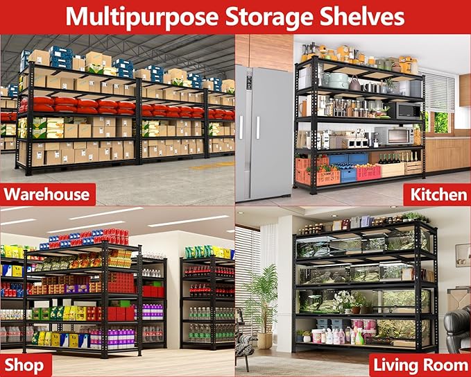 PrimeZone 60" W X 24" D X 72" H Heavy Duty Garage Storage Shelves - Adjustable Metal Shelving Unit, 5 Tier Industrial Shelves for Storage Standing Utility Rack for Warehouse, Pantry, Basement, Black