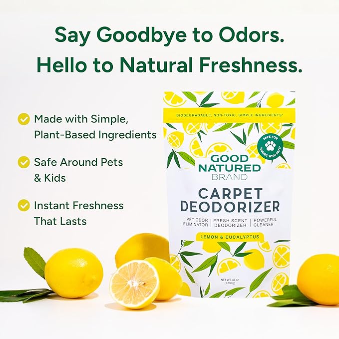 Good Natured Brand | Carpet Deodorizer & Freshener Powder | 47 oz Pet Odor Eliminator for Strong Odor & Pet Urine | Fresh Natural Lemon & Eucalyptus Scent | Safe for Homes with Pets