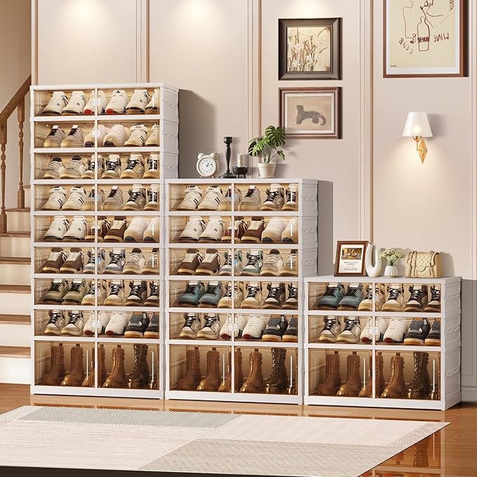 9-Tier Foldable Shoe Rack Organizer for Closet, 27 Pairs Collapsible Plastic Shoe Shelf, Large Shoes Cabinet with Door, Clear Stackable Storage Box Easy Assembly White