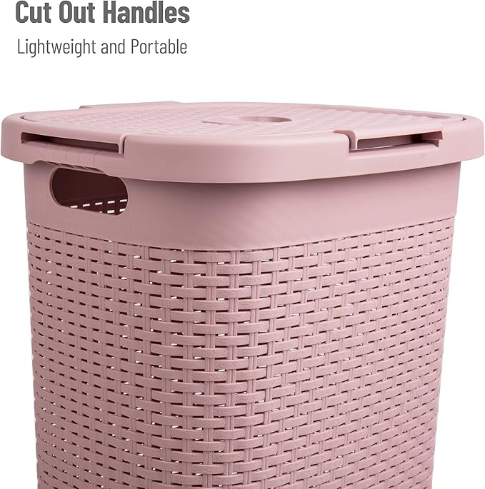 Mind Reader Slim Laundry Hamper with Lid, 60L Clothes Basket, Premium Wicker Design, Plastic, Pink