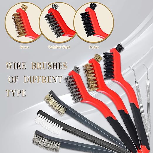 Small Wire Brush - 8 Pieces Brass/Stainless Steel/Nylon Brushes for Cleaning Rust Removal, Dirt, Paint Scrubbing Wire Brush Set Double-Ended Cleaning Pick
