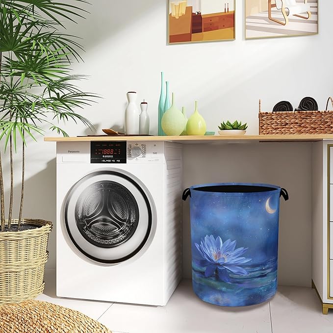 Water Lily Laundry Basket,Moon Oxford Cloth Laundry Hamper with Handle Foldable Portable Clothes Storage Basket for Bathroom Bedroom Dorm Room 16" x 20.8"