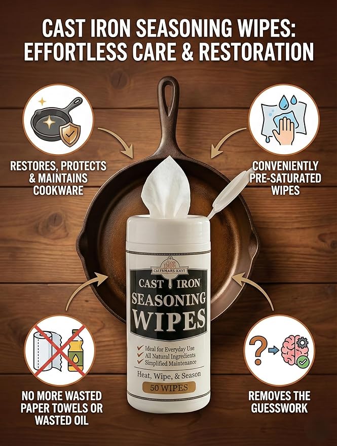 Cast Iron Seasoning Wipes (2 Pack) - Blackstone Griddle Seasoning & Conditioner - Essential Blackstone Accessories for Cast Iron Skillet Care - Made in USA Grapeseed Oil Cleaner & Restoration Kit